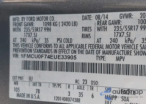2014 Ford Escape S from USA, damaged, VIN 1FMCU0F74EUE33905
